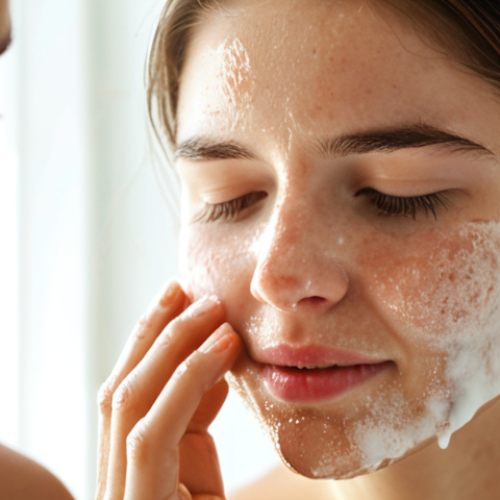 Home 11 **Image Prompt:** A woman with slightly reddened, sensitive skin gently applying a homemade sugar and coconut oil scrub to her face in a brightly lit bathroom. Focus on natural light and the soothing, calming atmosphere. Emphasize the gentle texture of the scrub.
