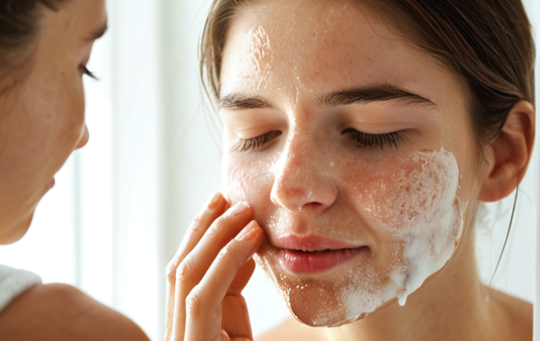 **Image Prompt:** A woman with slightly reddened, sensitive skin gently applying a homemade sugar and coconut oil scrub to her face in a brightly lit bathroom. Focus on natural light and the soothing, calming atmosphere. Emphasize the gentle texture of the scrub.