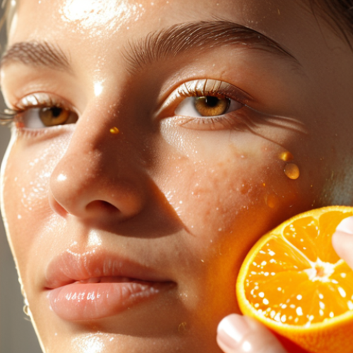 Home 6 **
Close-up of a radiant woman applying vitamin C serum to her face in the morning light. Focus on the dewy, glowing skin and the texture of the serum being absorbed. Soft, natural lighting. Emphasize the feeling of freshness and revitalization.
**