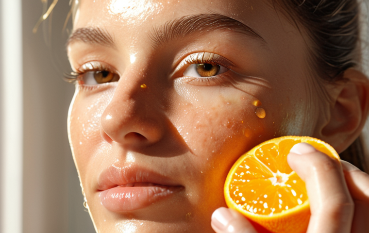**
Close-up of a radiant woman applying vitamin C serum to her face in the morning light. Focus on the dewy, glowing skin and the texture of the serum being absorbed. Soft, natural lighting. Emphasize the feeling of freshness and revitalization.
**