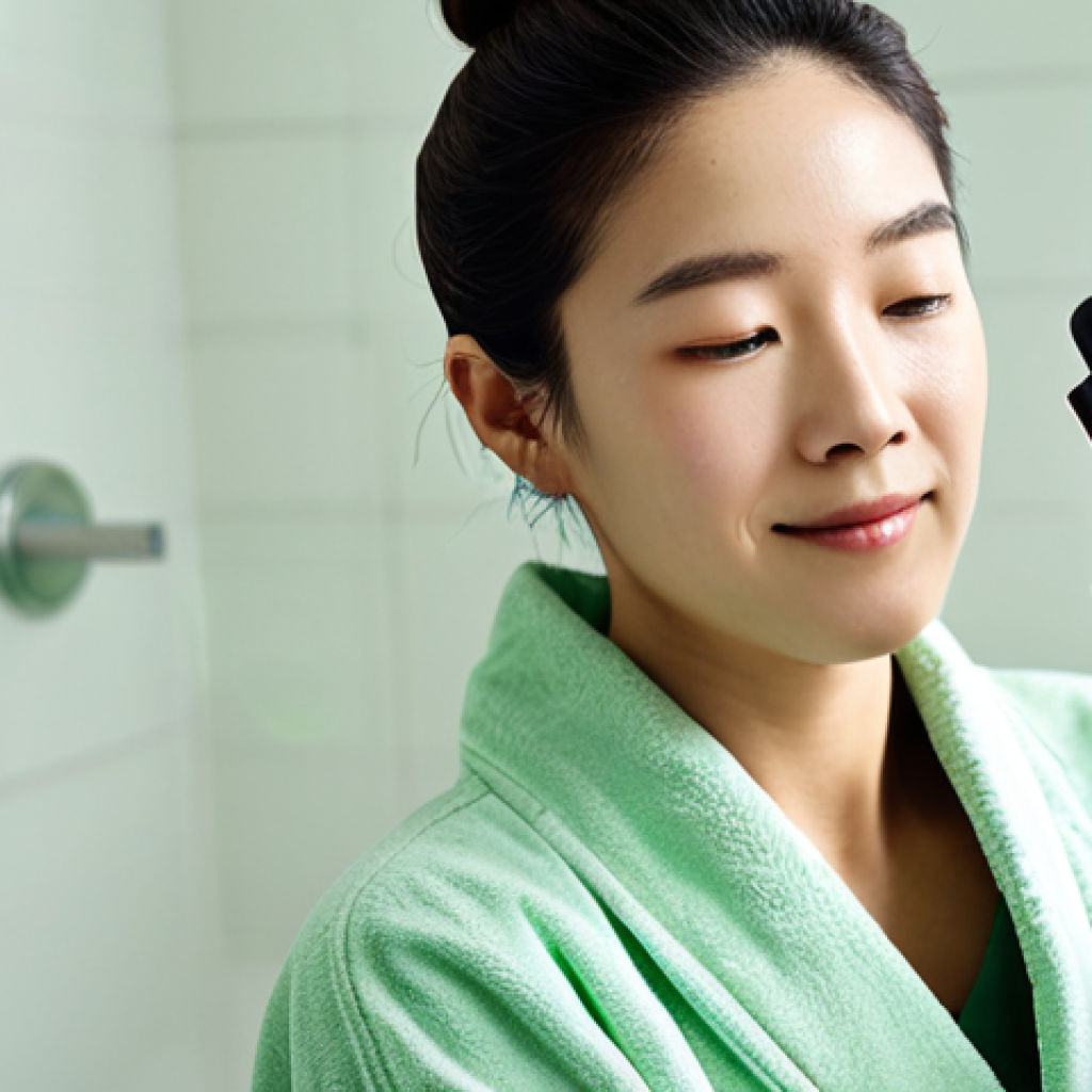 Close-up of a Woman Applying Innisfree Green Tea Seed Serum**
"A woman with clear, radiant skin is shown applying Innisfree Green Tea Seed Serum to her face in a well-lit bathroom. She is wearing a modest, comfortable robe and has her hair pulled back. The focus is on the serum bottle and her hands gently massaging the product into her skin. Background is a clean, modern bathroom with subtle green accents. Safe for work, appropriate content, fully clothed, professional, modest, perfect anatomy, natural proportions, well-formed hands, proper finger count, natural body proportions, high quality."
**