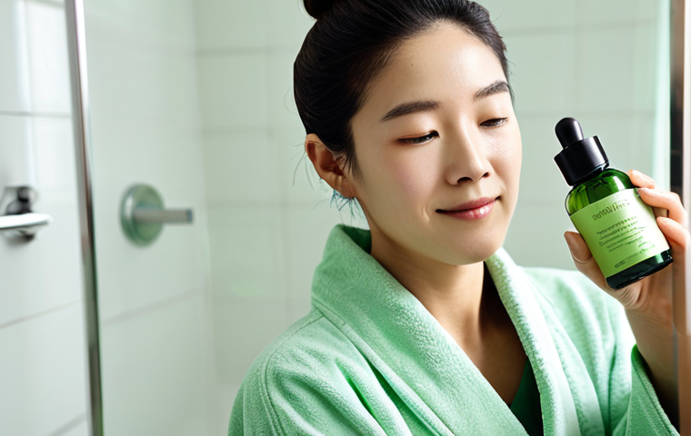 Close-up of a Woman Applying Innisfree Green Tea Seed Serum**

"A woman with clear, radiant skin is shown applying Innisfree Green Tea Seed Serum to her face in a well-lit bathroom. She is wearing a modest, comfortable robe and has her hair pulled back. The focus is on the serum bottle and her hands gently massaging the product into her skin. Background is a clean, modern bathroom with subtle green accents. Safe for work, appropriate content, fully clothed, professional, modest, perfect anatomy, natural proportions, well-formed hands, proper finger count, natural body proportions, high quality."

**