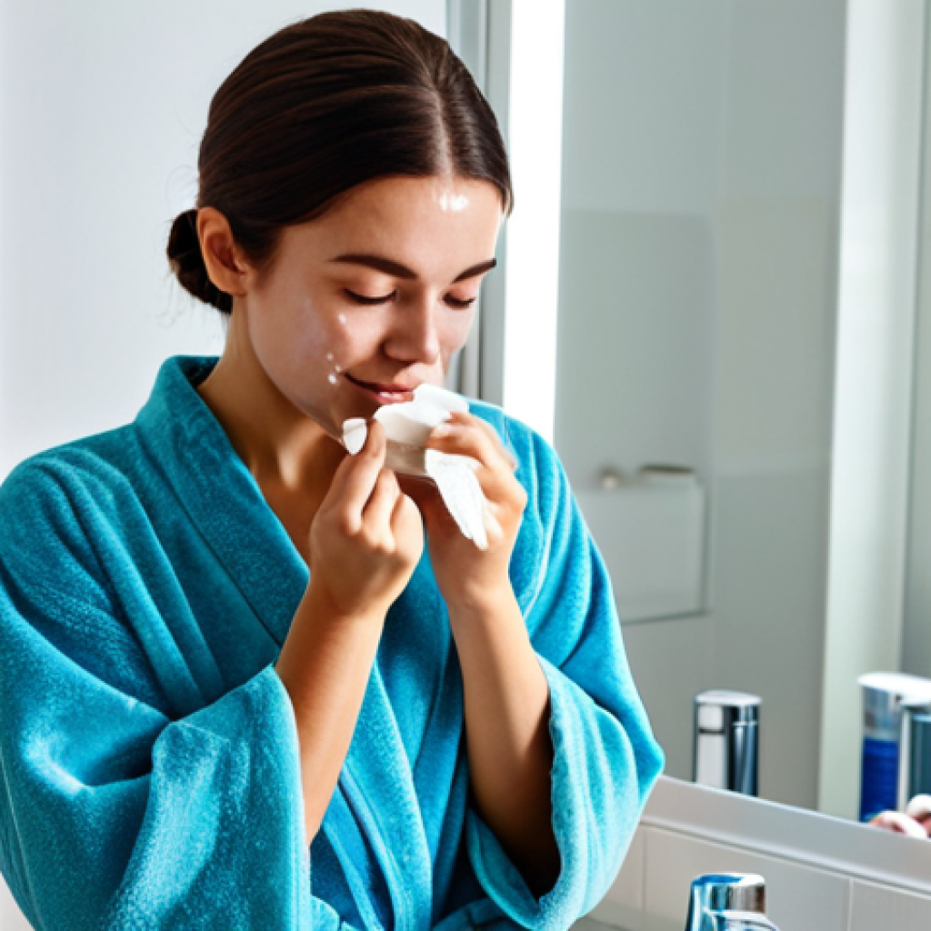 **
A woman applying a hydrocolloid acne patch in a brightly lit bathroom. She is fully clothed, wearing a comfortable robe. The background shows a clean, modern vanity with skincare products. "Safe for work", "appropriate content", "fully clothed", "modest", perfect anatomy, correct proportions, natural pose, well-formed hands, proper finger count, natural body proportions, professional photography, high quality.
**