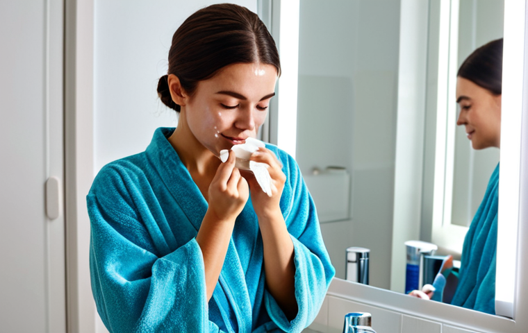 **

A woman applying a hydrocolloid acne patch in a brightly lit bathroom. She is fully clothed, wearing a comfortable robe. The background shows a clean, modern vanity with skincare products. "Safe for work", "appropriate content", "fully clothed", "modest", perfect anatomy, correct proportions, natural pose, well-formed hands, proper finger count, natural body proportions, professional photography, high quality.

**