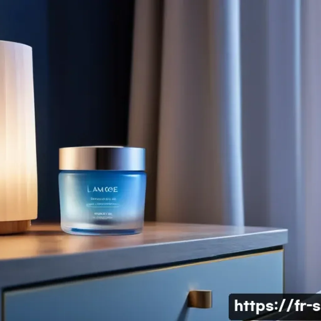 라네즈 워터 슬리핑 마스크 사용 후기 - A serene bedroom scene at night featuring a delicate glass jar of Laneige Water Sleeping Mask on a w...