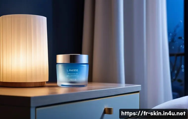 라네즈 워터 슬리핑 마스크 사용 후기 - A serene bedroom scene at night featuring a delicate glass jar of Laneige Water Sleeping Mask on a w...