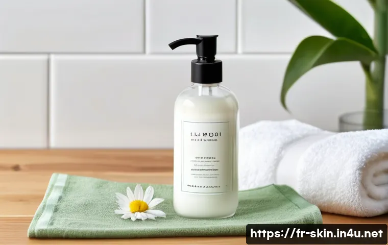 스킨과 토너의 차이점 - A serene bathroom scene featuring a clear glass bottle labeled "Skin Lotion" with a thick, creamy te...