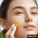 멀티 비타민 스킨 부스터 - A close-up portrait of a young woman with flawless, radiant skin in natural daylight, gently applyin...