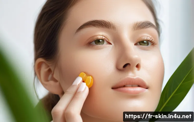 멀티 비타민 스킨 부스터 - A close-up portrait of a young woman with flawless, radiant skin in natural daylight, gently applyin...