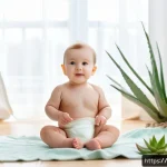 어린이를 위한 저자극 보습제 - A tender scene of a young child with delicate, fair skin wearing a soft white diaper, sitting on a c...