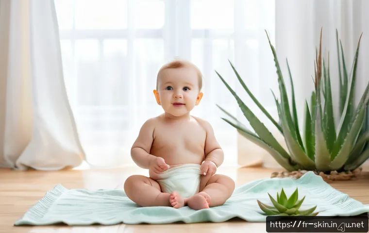 어린이를 위한 저자극 보습제 - A tender scene of a young child with delicate, fair skin wearing a soft white diaper, sitting on a c...