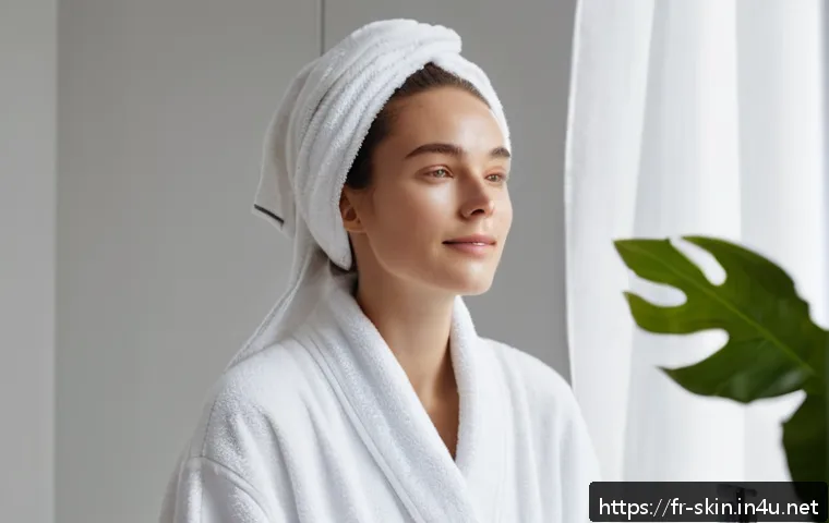 더랩 바이블랑두 올리고 히알루론산 세럼 - A serene morning skincare scene featuring a young French woman with naturally glowing, hydrated skin...
