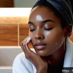 스킨푸드 블랙슈가 스크럽 사용법 - A serene evening skincare scene featuring a young adult woman with mixed skin type gently applying a...