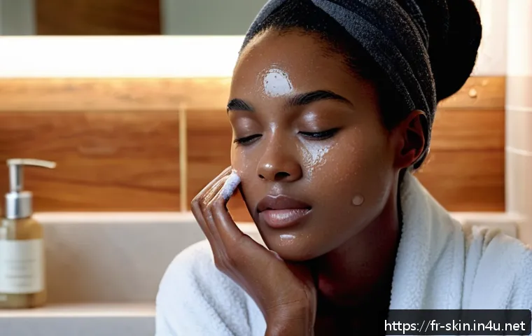 스킨푸드 블랙슈가 스크럽 사용법 - A serene evening skincare scene featuring a young adult woman with mixed skin type gently applying a...