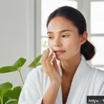 센텔라 아시아티카 성분 효능 - A serene and radiant woman with sensitive skin gently applying a Centella Asiatica serum on her face...