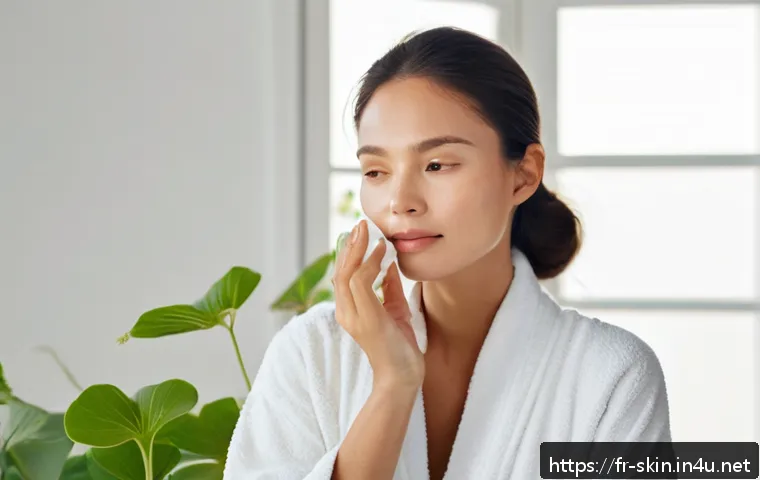 센텔라 아시아티카 성분 효능 - A serene and radiant woman with sensitive skin gently applying a Centella Asiatica serum on her face...