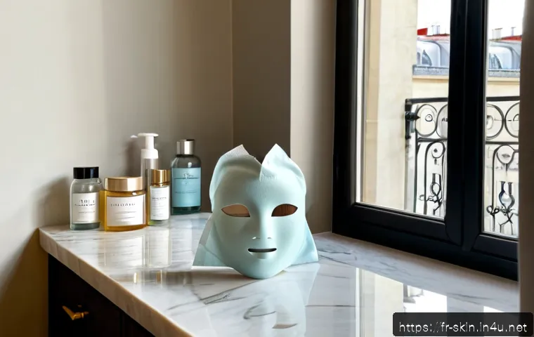 시트 마스크와 워시오프 마스크 차이 - Photorealistic French skincare bathroom scene, a clean marble counter showing a folded hydrating she...