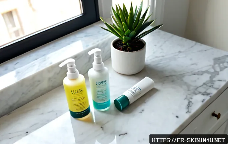 스킨케어 단계별 사용 순서 - Photorealistic overhead flat lay of a complete facial skincare routine arranged in clear left-to-rig...
