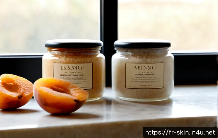 더페이스샵 페이셜 스크럽 비교 - Photorealistic French bathroom vanity comparison scene, two unbranded facial scrub jars side by side...